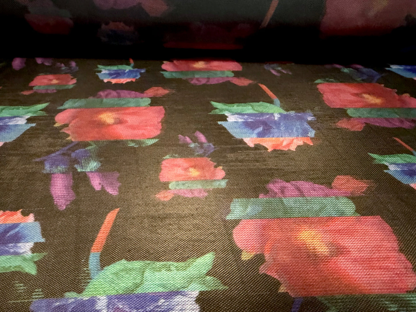 Power mesh net stretch spandex fabric, per metre - Pop Art Flower print - black red & blue