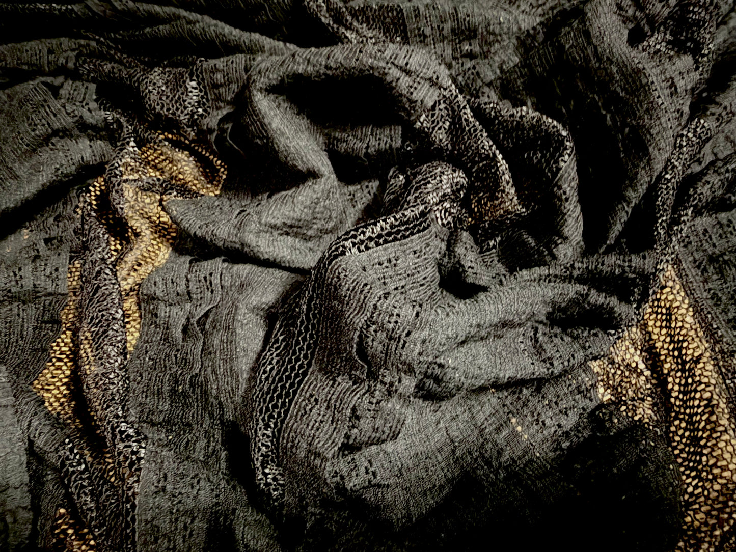 Frilled lace mesh fabric with fancy stripe, per metre - black