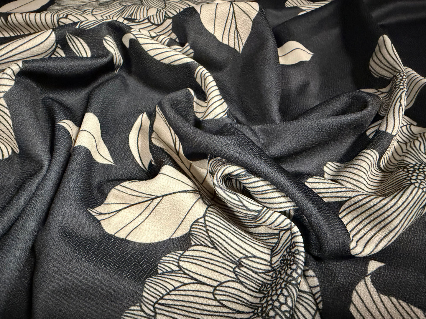 Valentino crepe stretch spandex jersey fabric, per metre - line art floral print - charcoal & ecru