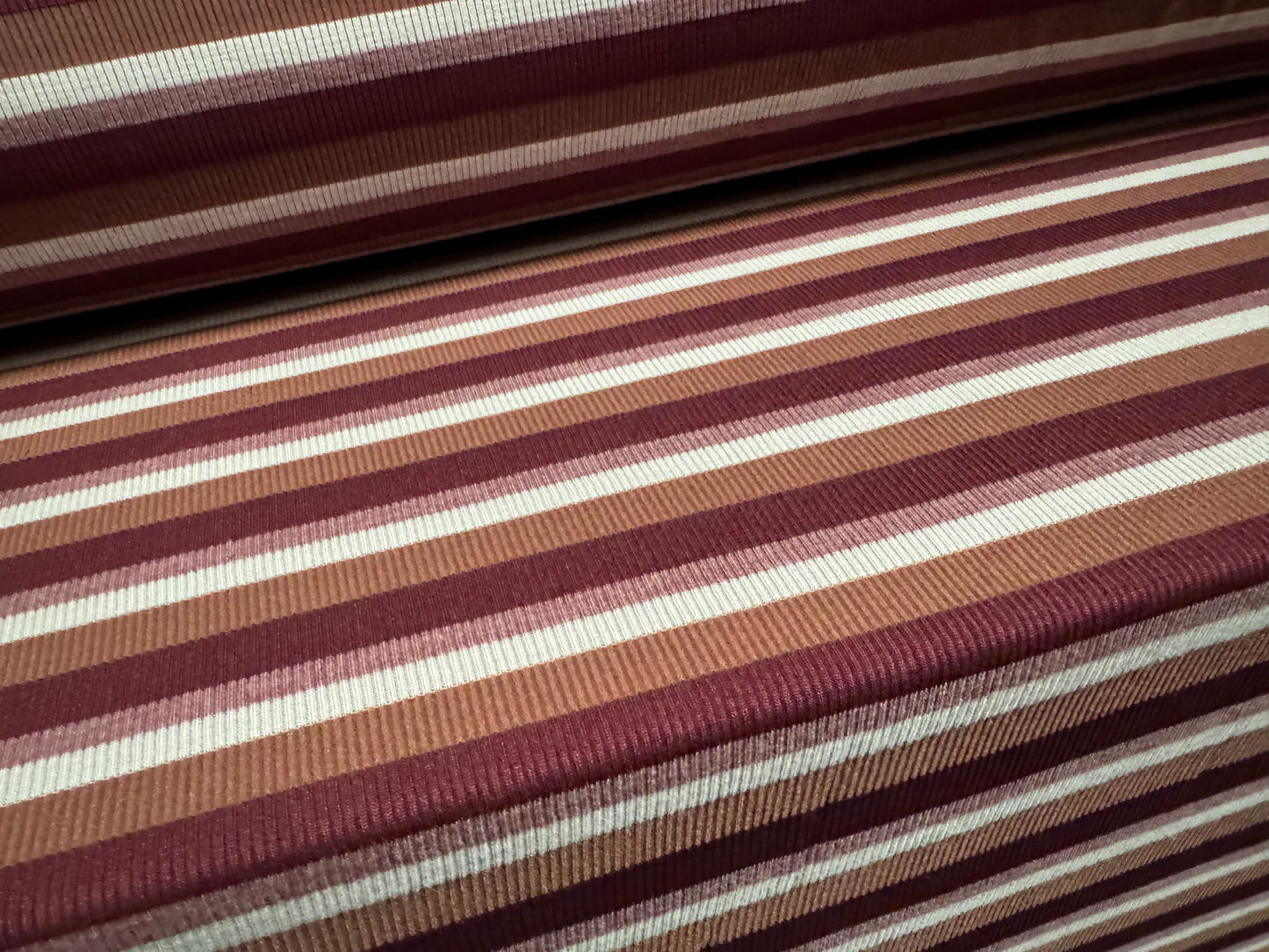 Stretch Spandex rib jersey fabric, per metre - stripe - mulberry & dusky pink