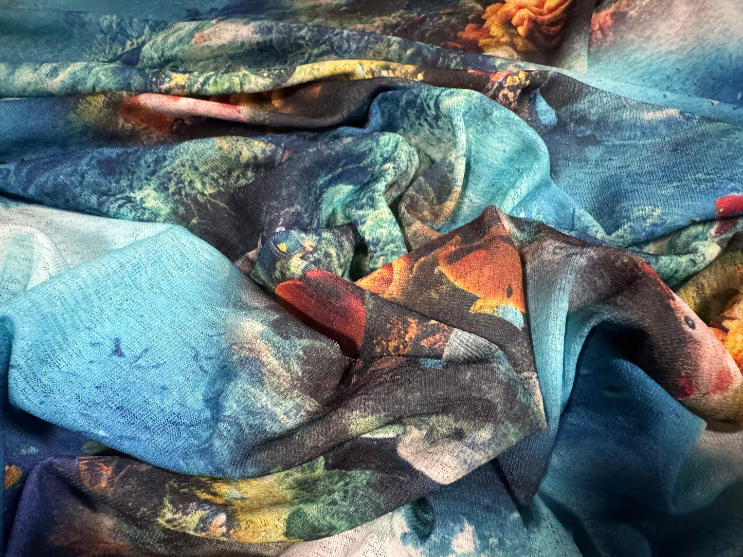 Thick & thin stretch spandex single jersey fashion fabric, per metre - coral reef print - multicolour