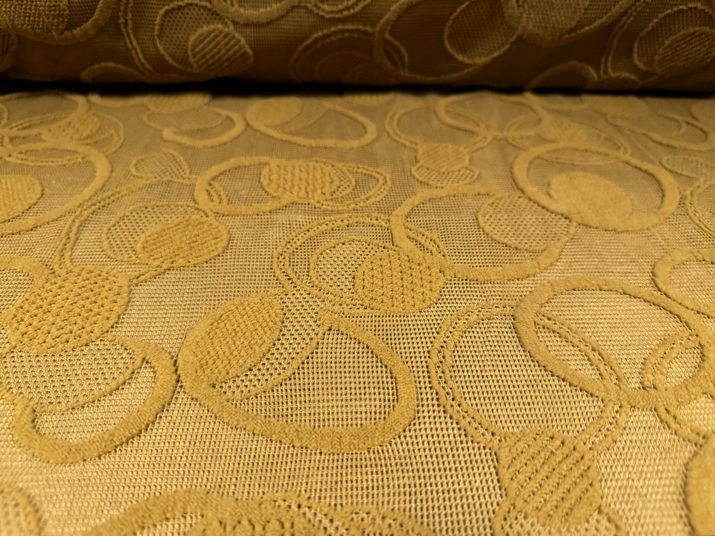 Heavyweight flocked mesh fabric, per metre - rings & circles - camel