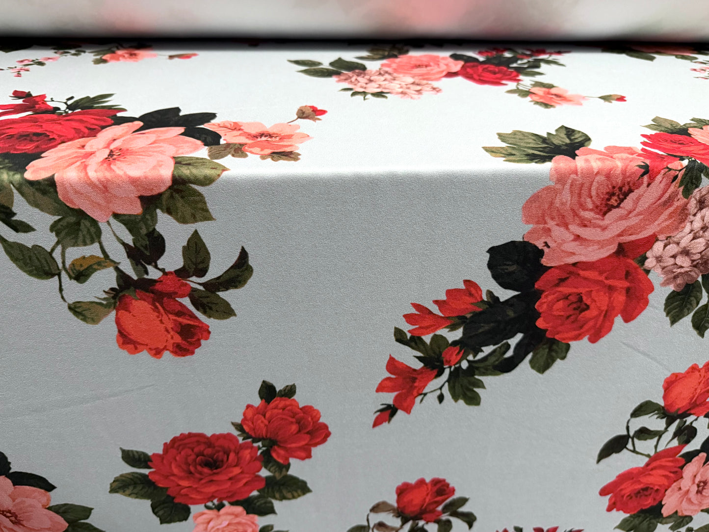 Scuba crepe stretch spandex double jersey fabric, per metre - rose floral print - sky blue