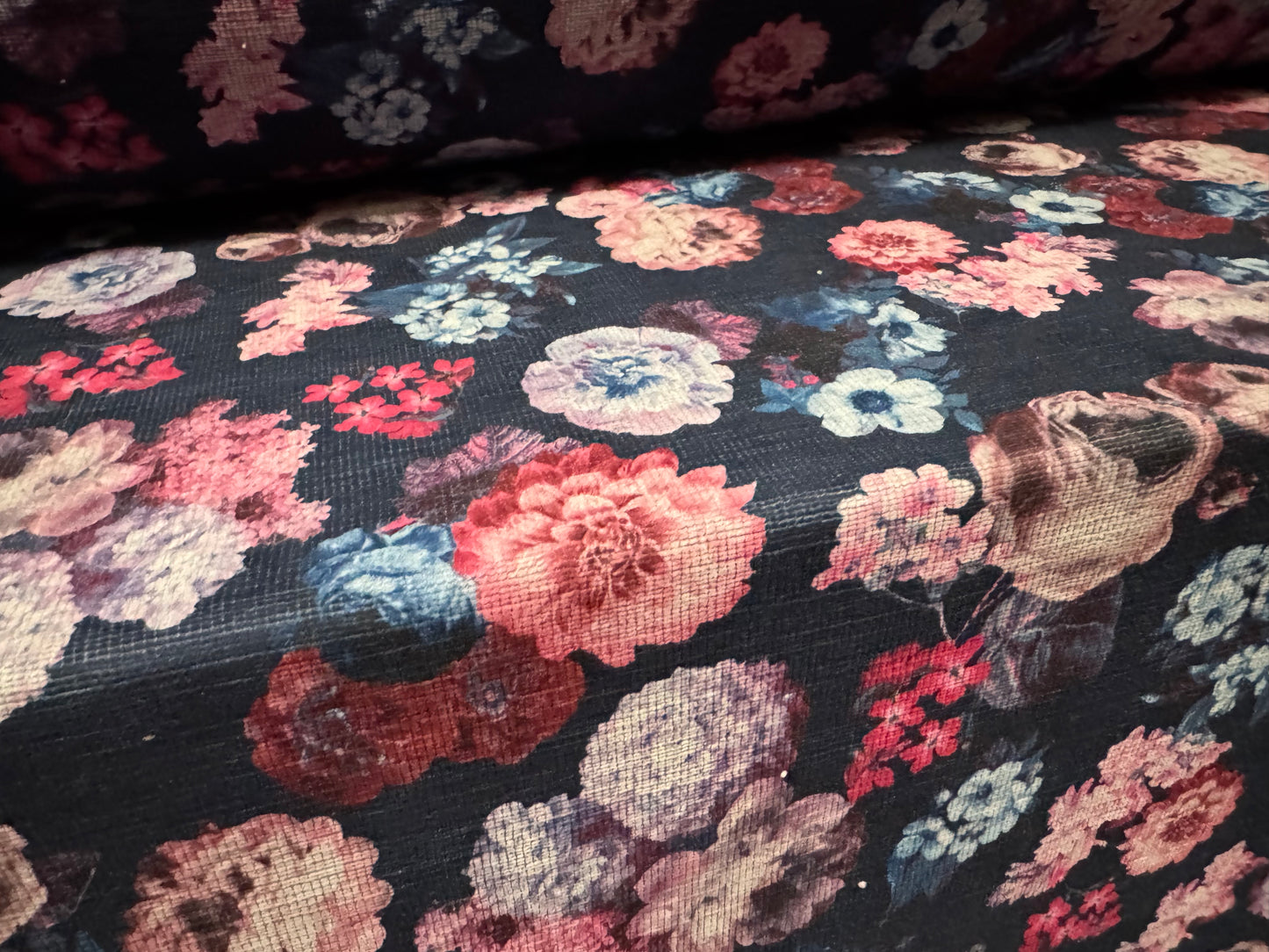 Chenille upholstery fabric, per metre - roses print - navy & pink