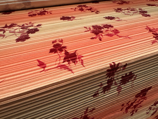 Stretch plissé pleated dress fabric, per metre - floral ombré print - burgundy & pink