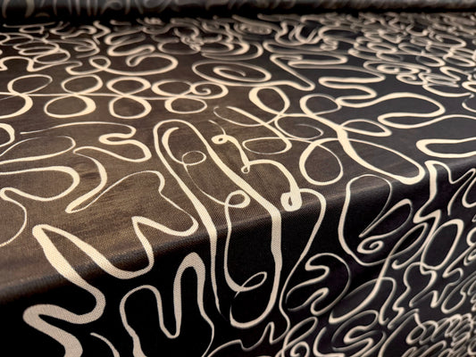 Power mesh net stretch spandex fabric, per metre - doodle print - black & stone