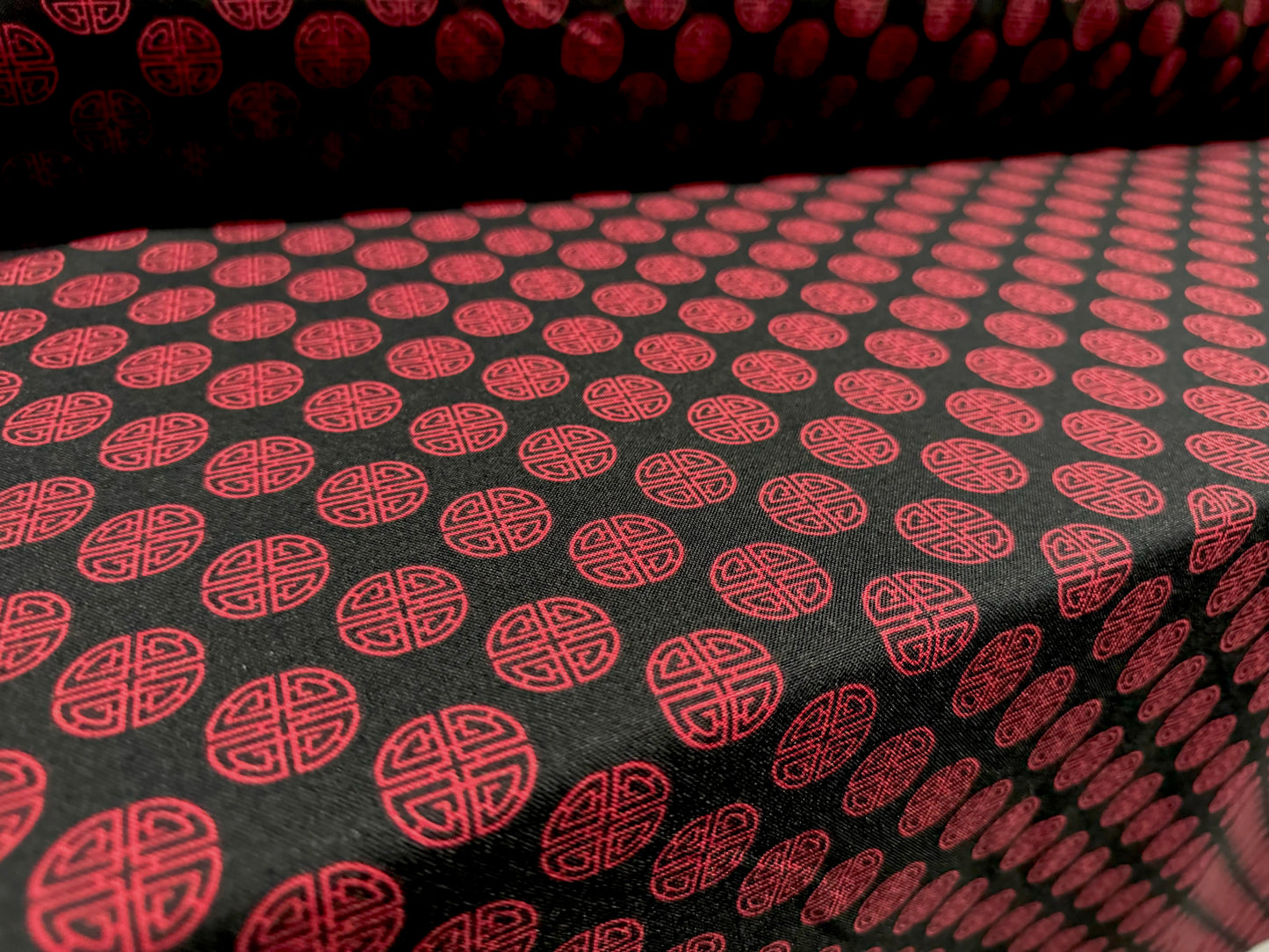 Panama woven fashion fabric, per metre - Chinese Lu Good Fortune print - black & wine