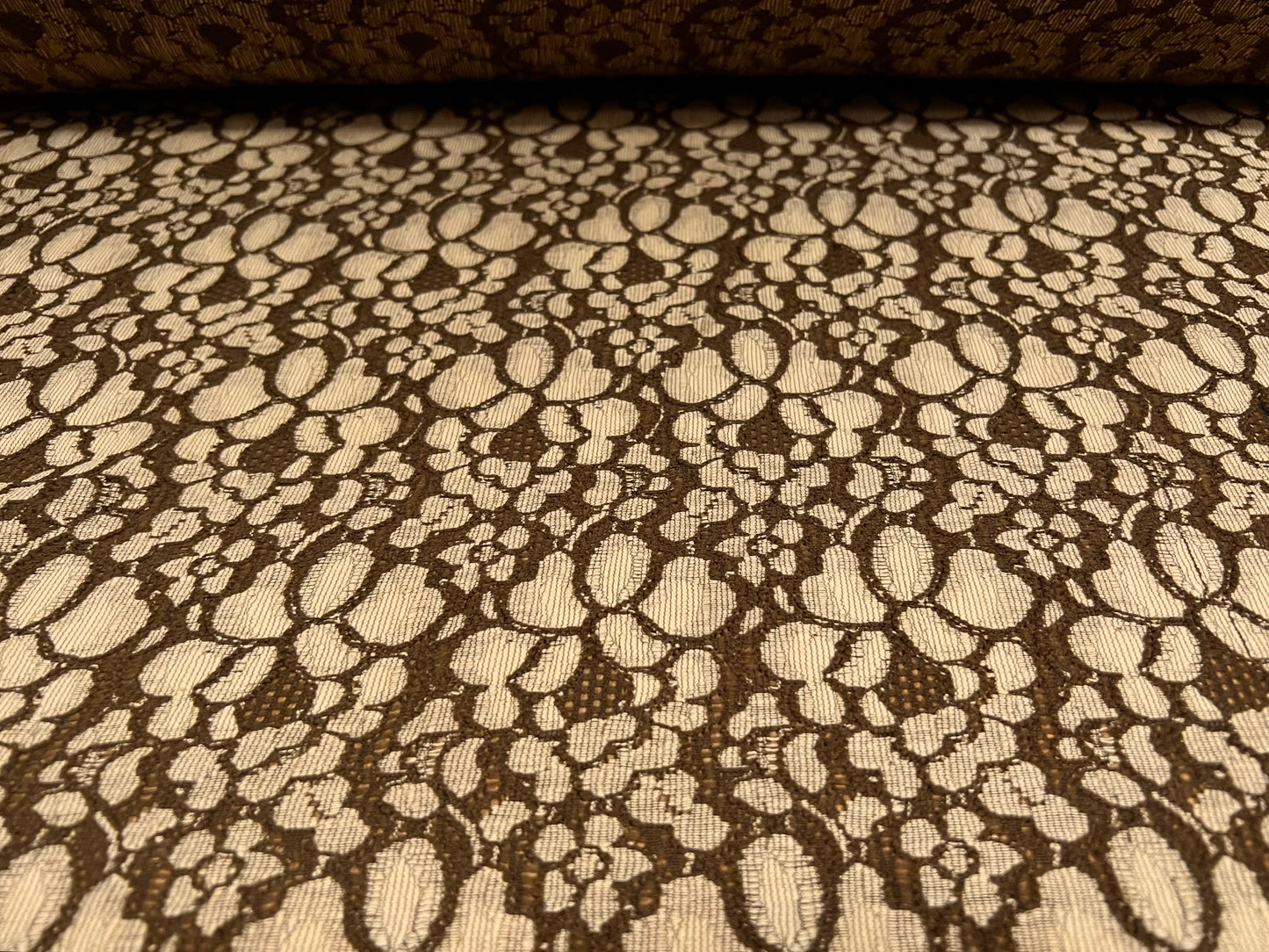 Stretch spandex lace dress fabric, per metre  - flower design - brown & beige