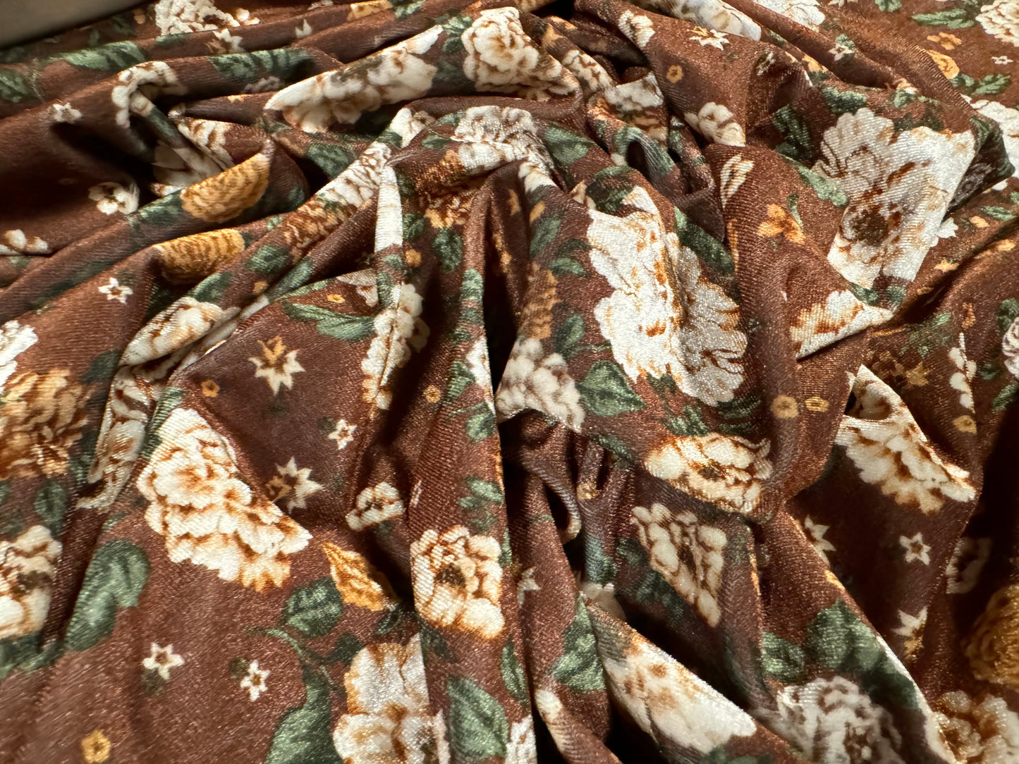 Spandex velvet stretch dress fabric, per mere - carnation flower print - brown & cream