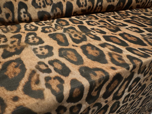 Power mesh net stretch spandex fabric, per metre - jaguar animal print - brown