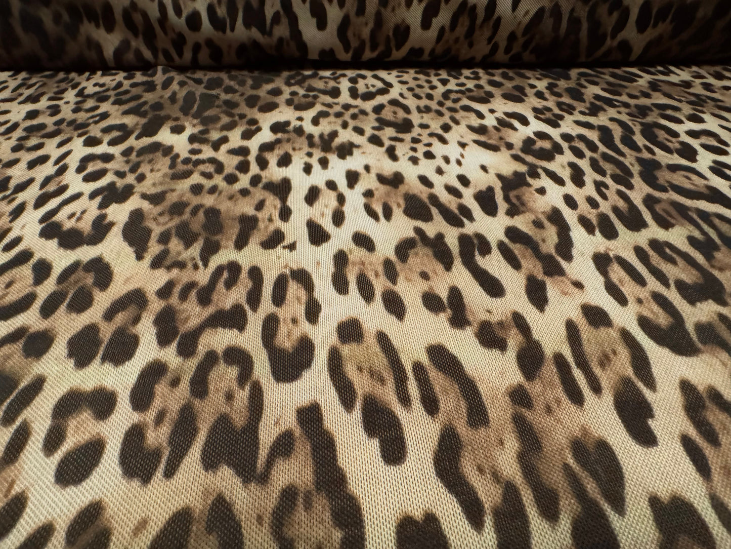 Power mesh net stretch spandex fabric, per metre - ocelot animal print - taupe & beige