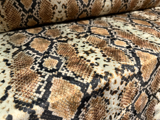 Velboa pony skin faux fur fabric, per metre - snakeskin print - brown & sage