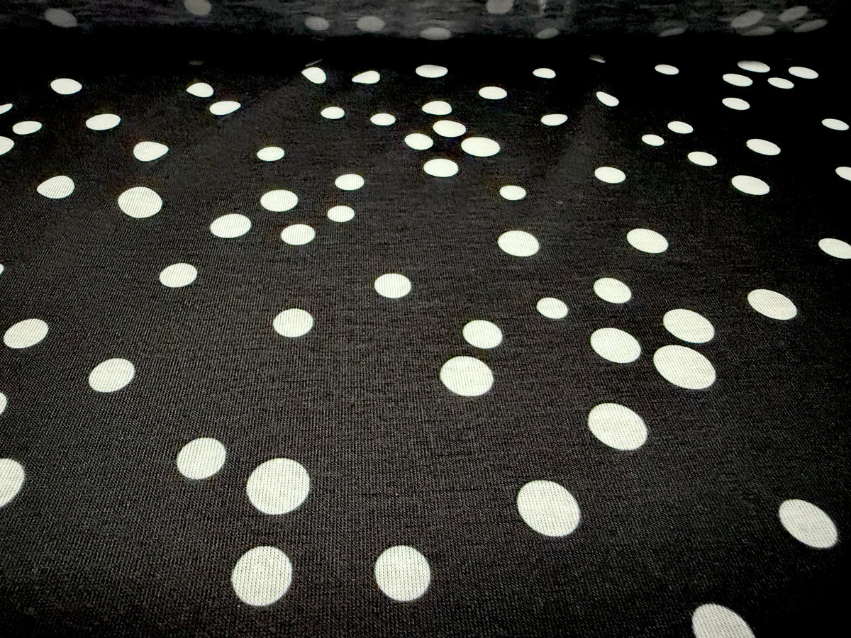 Soft handle single jersey fashion fabric, per metre - spot print - black & white