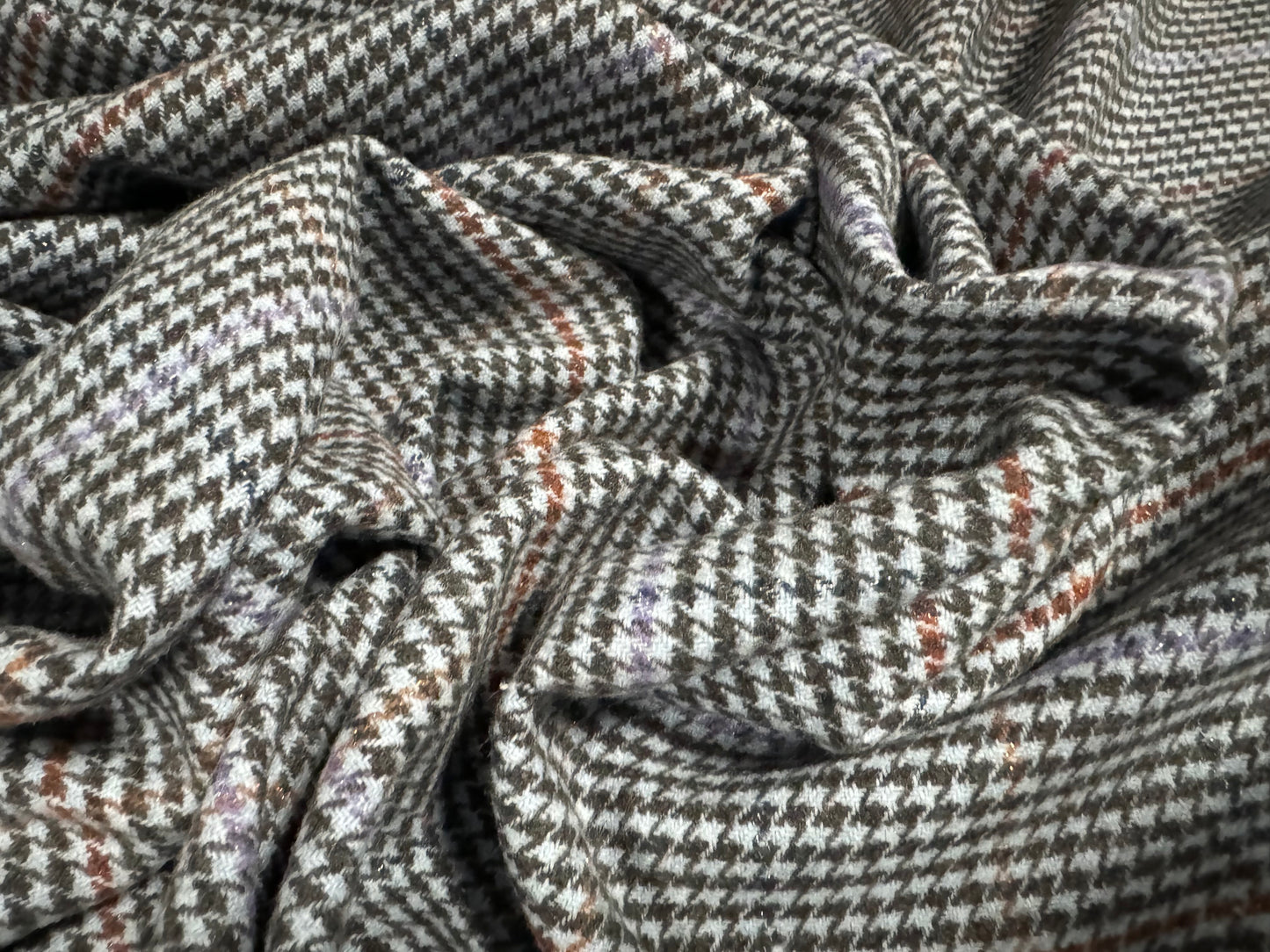 Wool mouflon coat jacket fabric, per metre - lurex check - lilac orange & grey