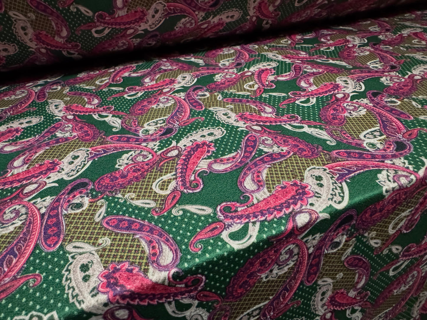 Stretch spandex crepe single jersey dress fabric, per metre - paisley print - emerald & magenta