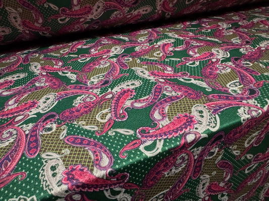 Stretch spandex crepe single jersey dress fabric, per metre - paisley print - emerald & magenta