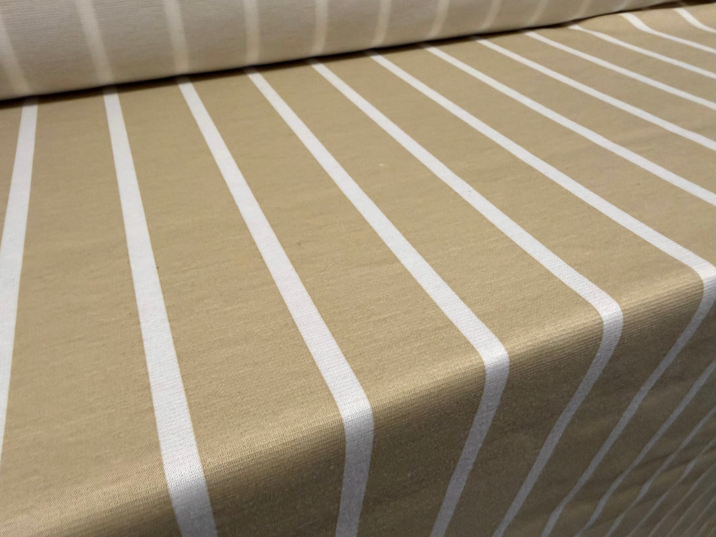 Ponte Roma double jersey knit stretch fabric, per metre - stripe - stone & white