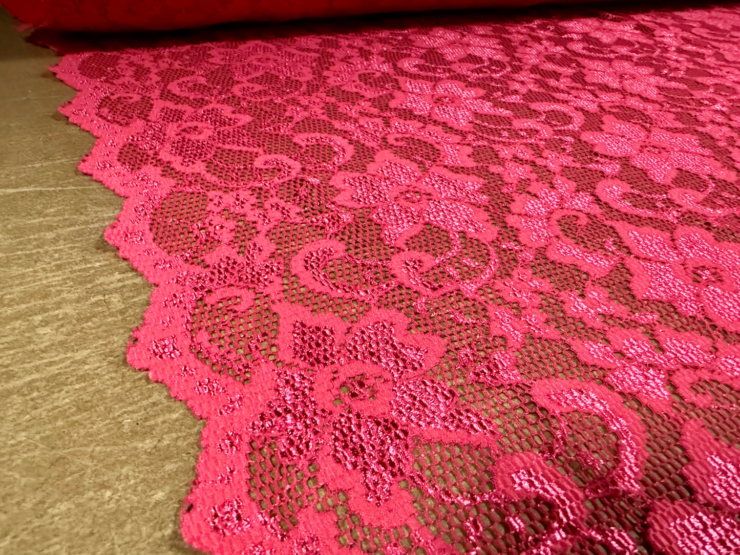 Stretch lace dress fabric, per metre - scalloped selvedge - floral - London pink