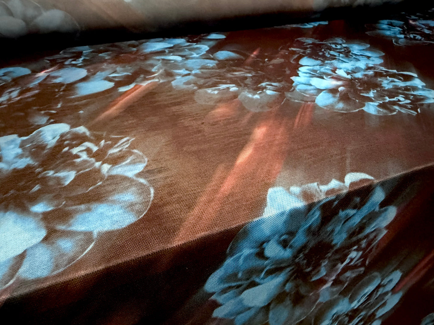 Power mesh net stretch spandex fabric, per metre - sunbeams on flowers - black & blue