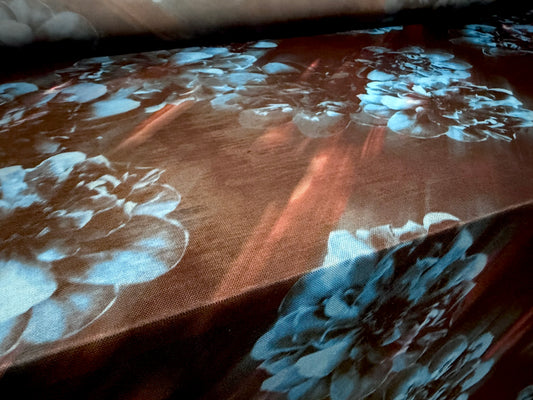 Power mesh net stretch spandex fabric, per metre - sunbeams on flowers - black & blue