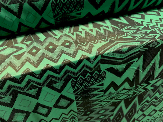 Power mesh net stretch spandex fabric, per metre - Aztec patchwork print - jade green