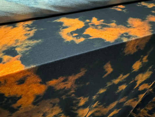 Soft handle single jersey fabric, per metre - tie dye print - burnt orange & black