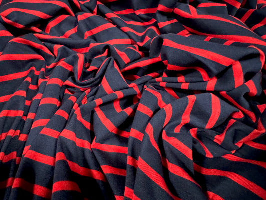 Viscose spandex stretch single jersey fabric, per metre - Bengal stripe - dark navy blue & red