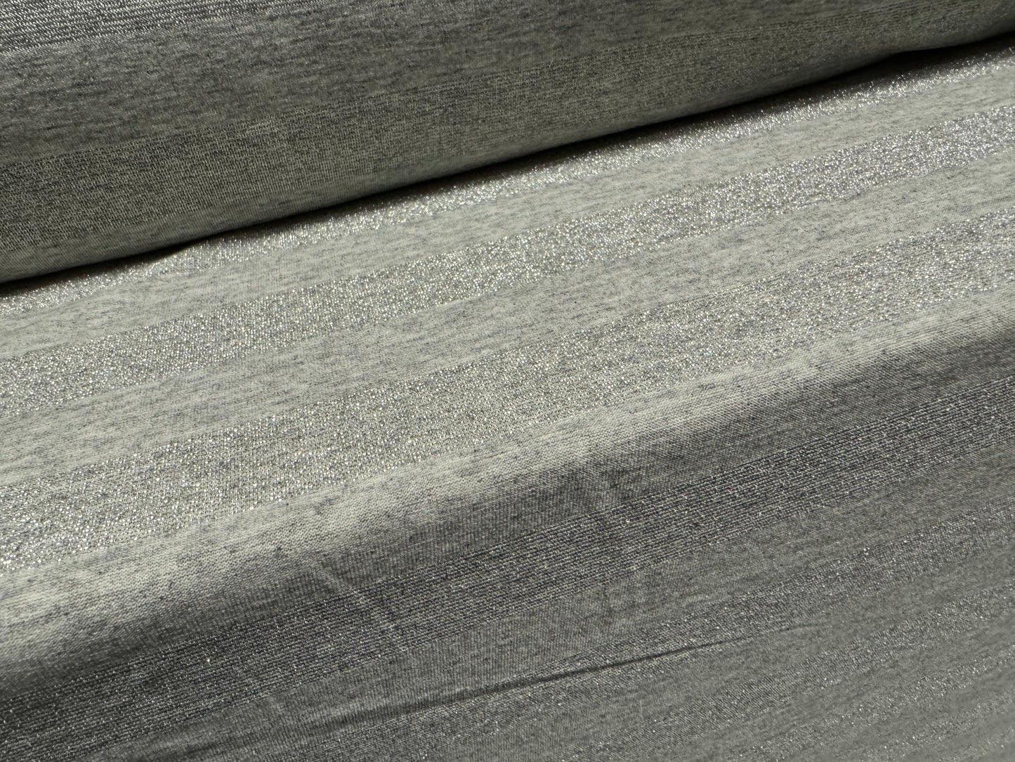 Metallic viscose spandex stretch single jersey fabric, per metre - stripe - grey marl with silver lurex