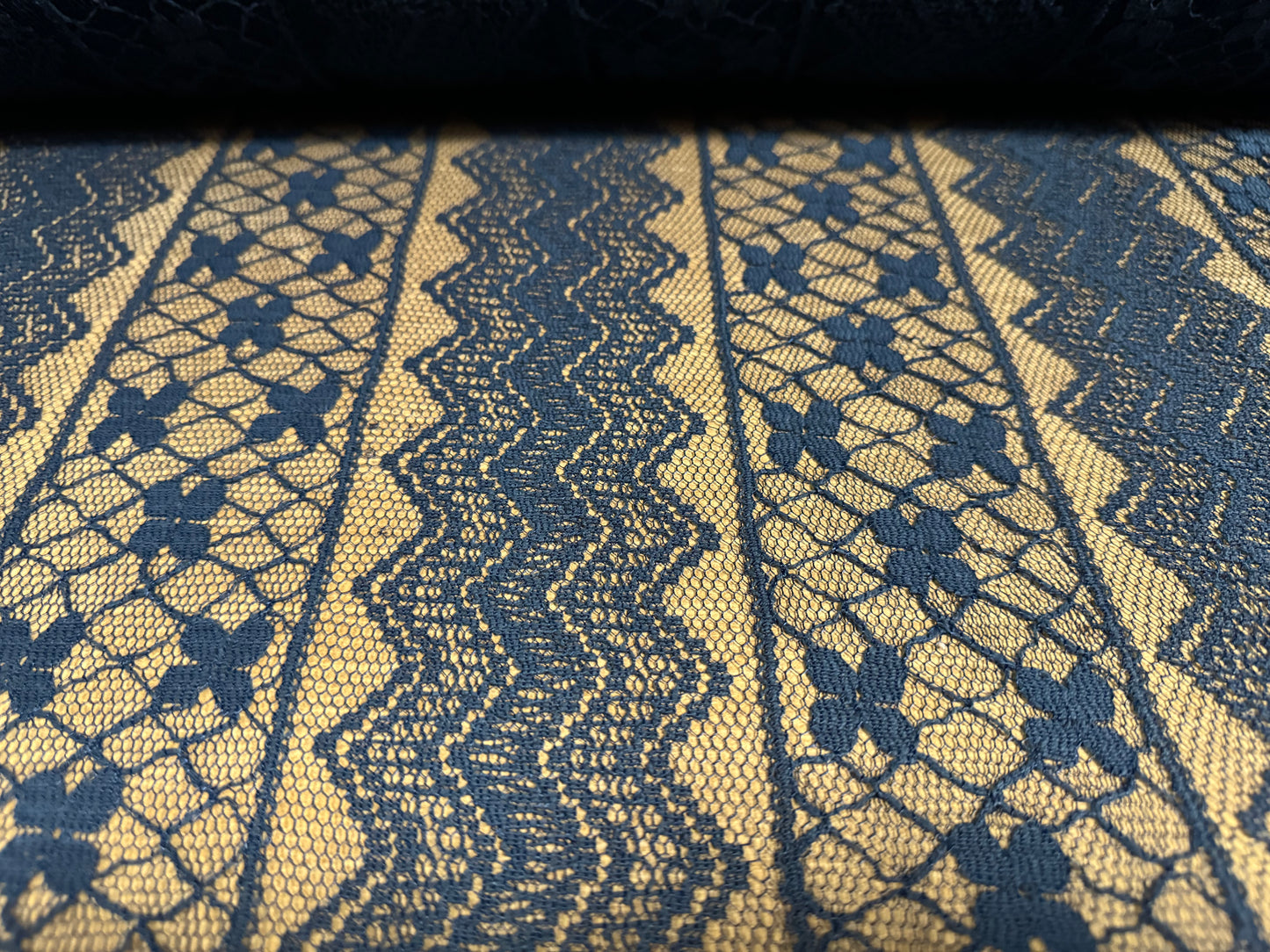 Lightweight mesh lace fabric, per metre - floral stripe - petrol blue