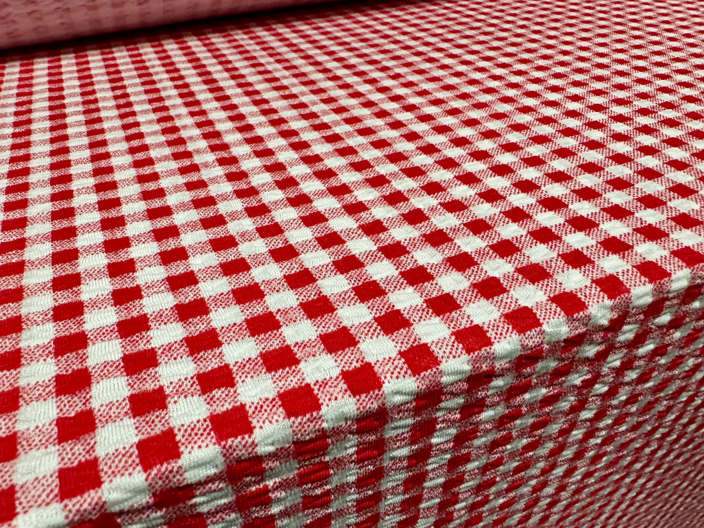 Stretch spandex jersey jacquard fabric, per metre - gingham print - red & white