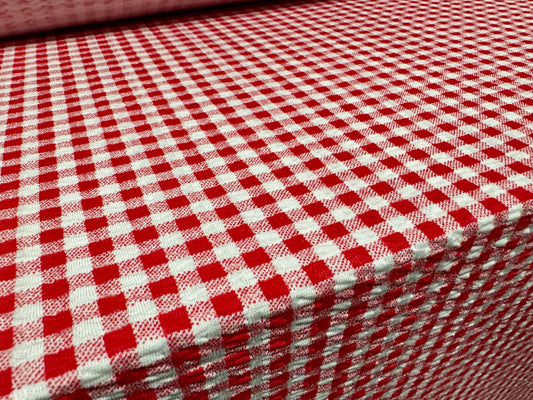 Stretch spandex jersey jacquard fabric, per metre - gingham print - red & white