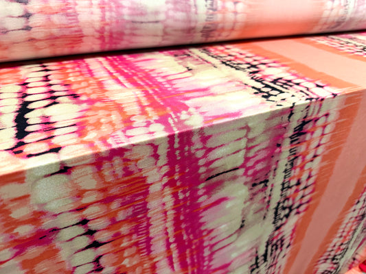 Soft touch stretch spandex jersey fabric, per metre - abstract print - coral & pink
