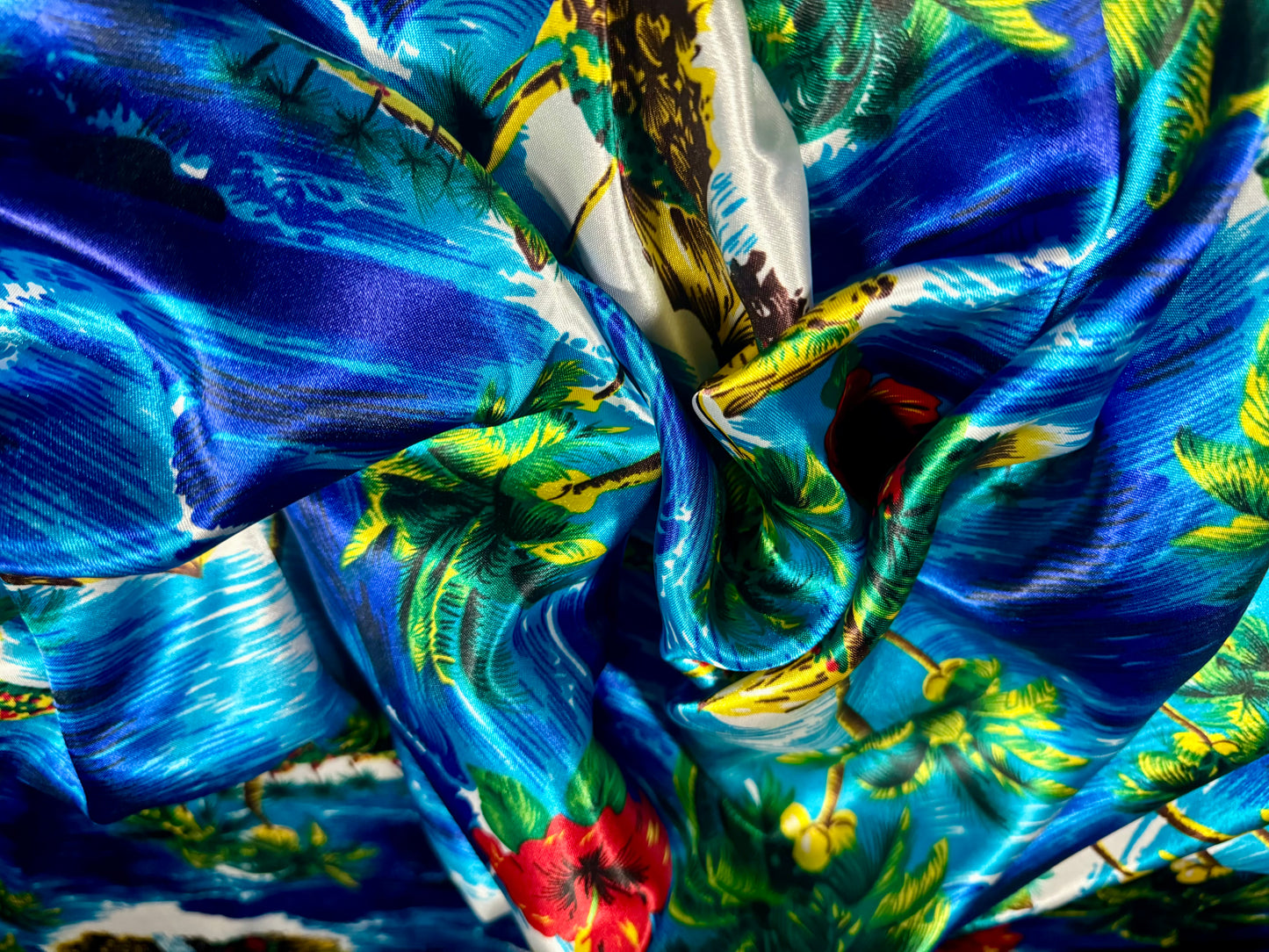 Silky satin woven fabric, per metre - Tropical Island print - multicolour