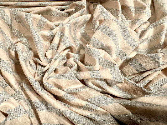 Metallic viscose spandex stretch single jersey fabric, per metre - stripe - oyster with silver lurex