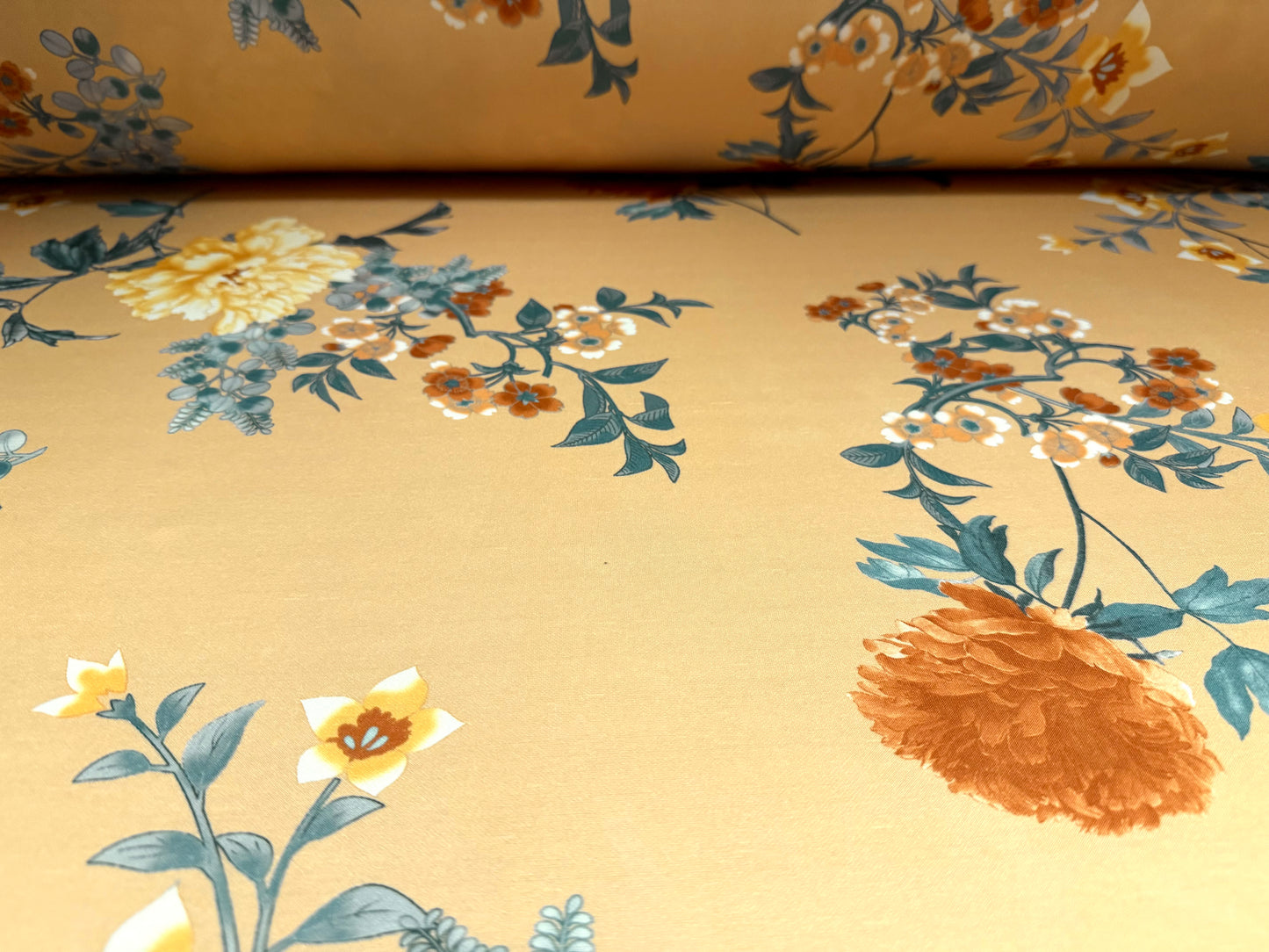 Scuba stretch spandex double jersey fabric, per metre - floral print - old gold & powder blue