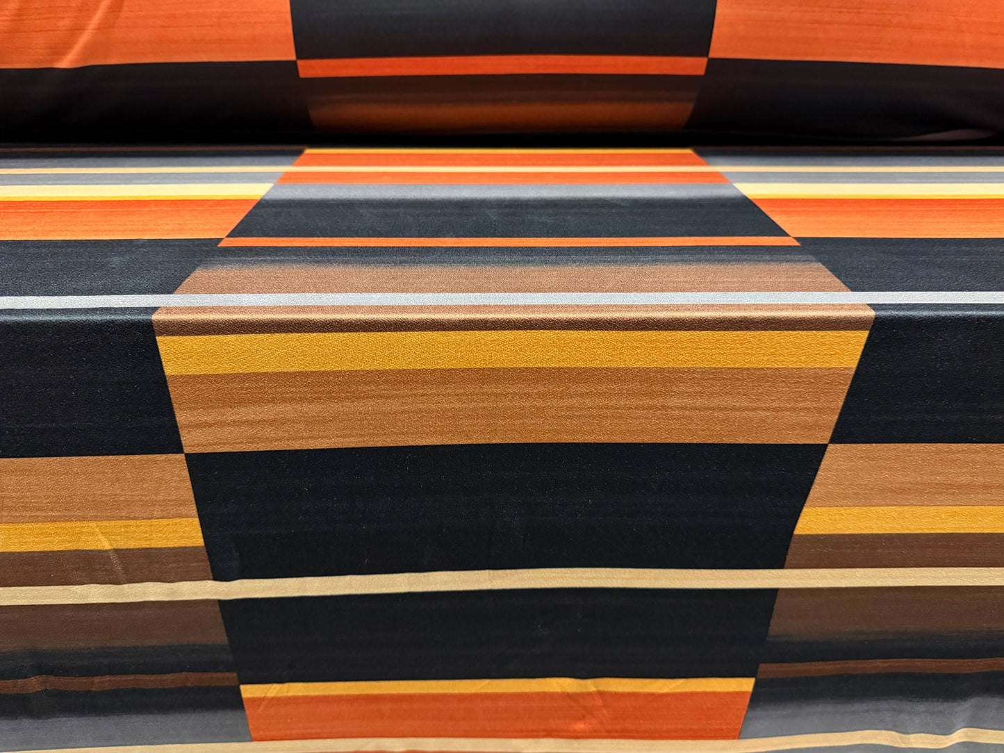 Stretch spandex crepe single jersey dress fabric, per metre - Mondrian geometric print - orange gold & beige