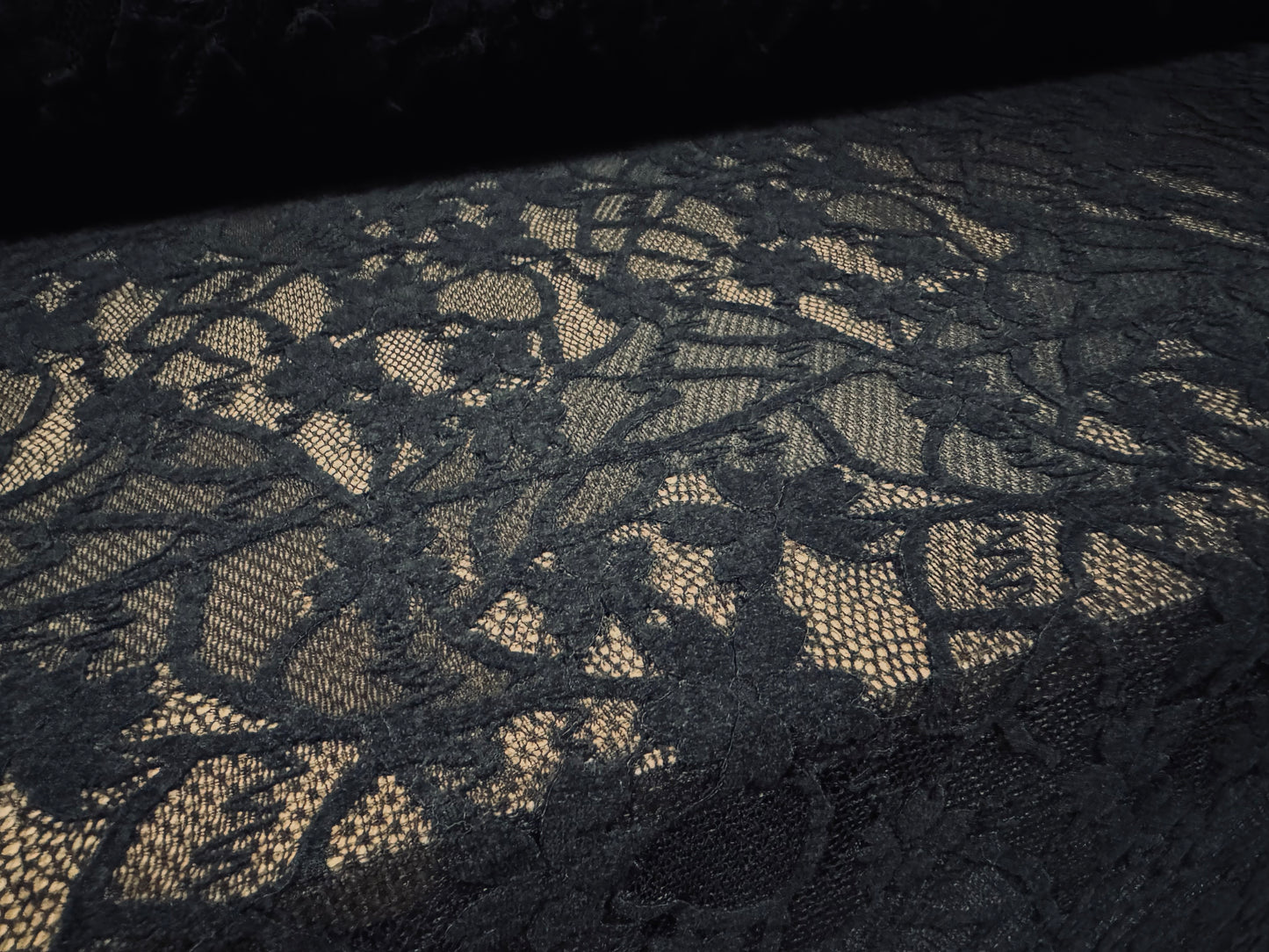 Stretch lace dress fabric, per metre - flocked leaves & flowers - black