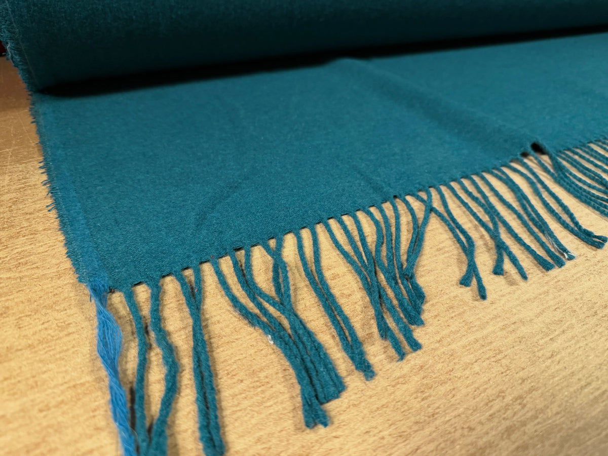 Tasseled wool flannel fabric, per metre - plain - 215 cms panel - teal