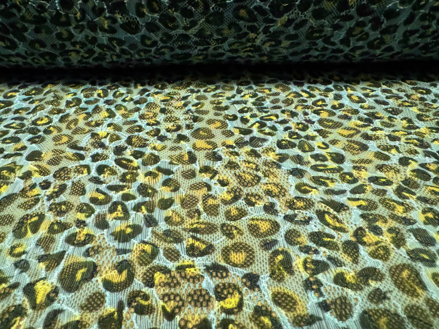 Stretch spandex lace fabric, per metre - leopard print - turquoise & gold