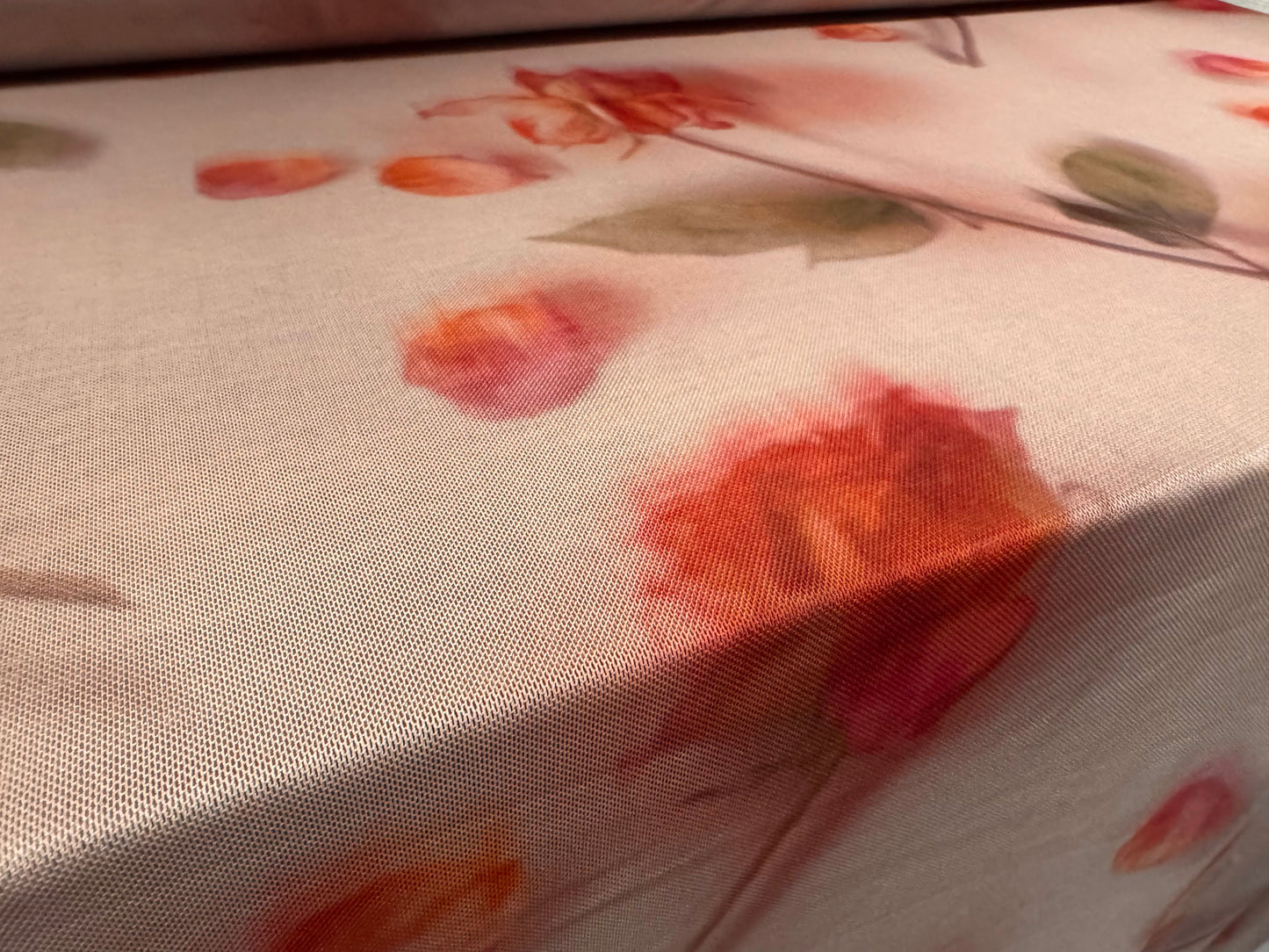 Power mesh net stretch spandex fabric, per metre - soft focus rose print - dusky pink