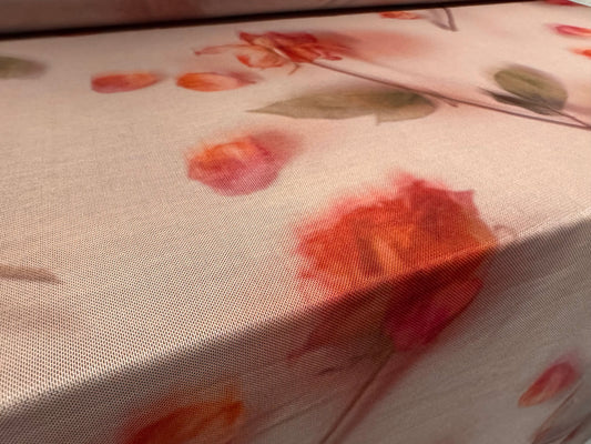 Power mesh net stretch spandex fabric, per metre - soft focus rose print - dusky pink