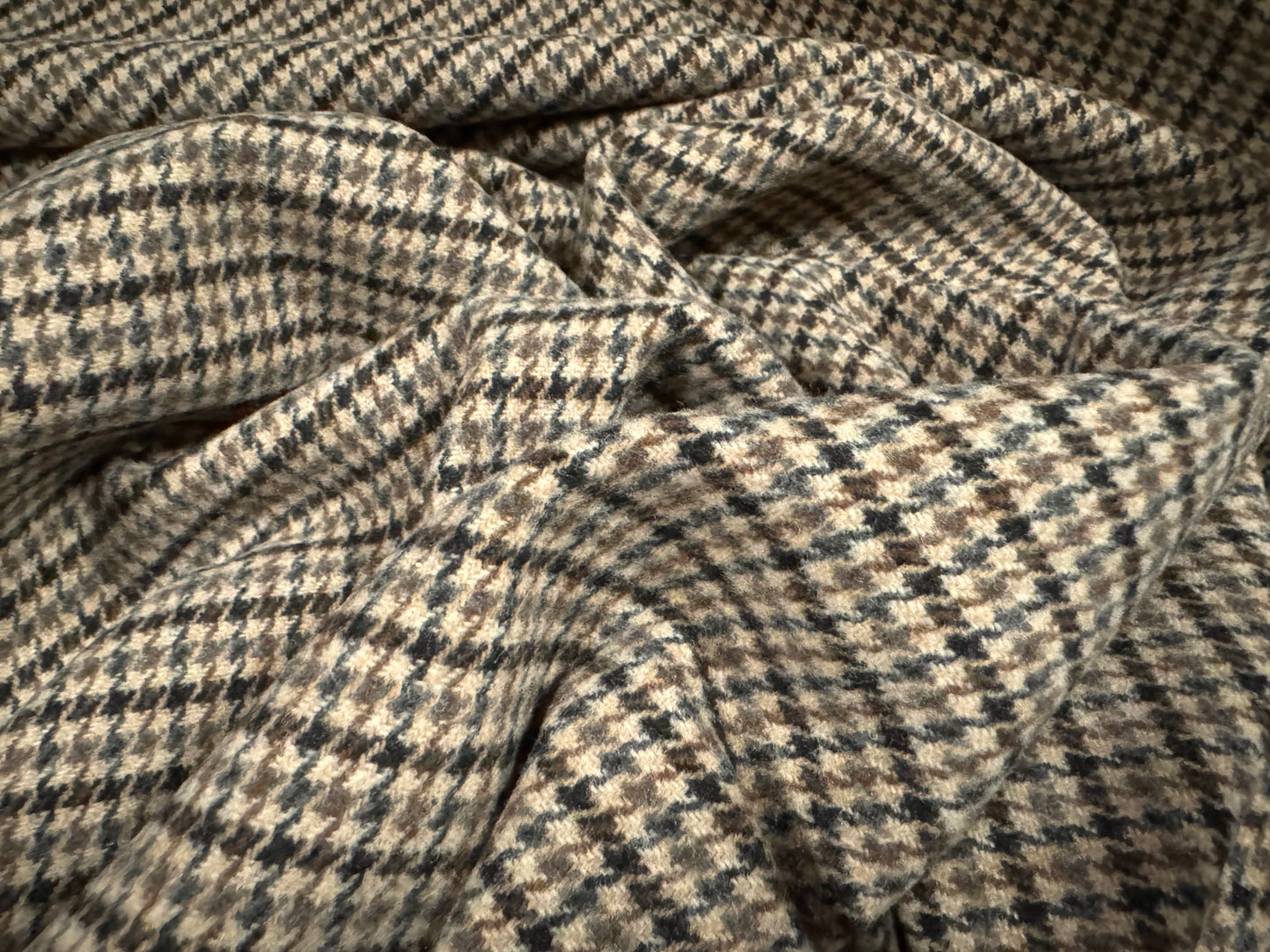 Wool mouflon coat jacket fabric, per metre - dogtooth check - brown & stone