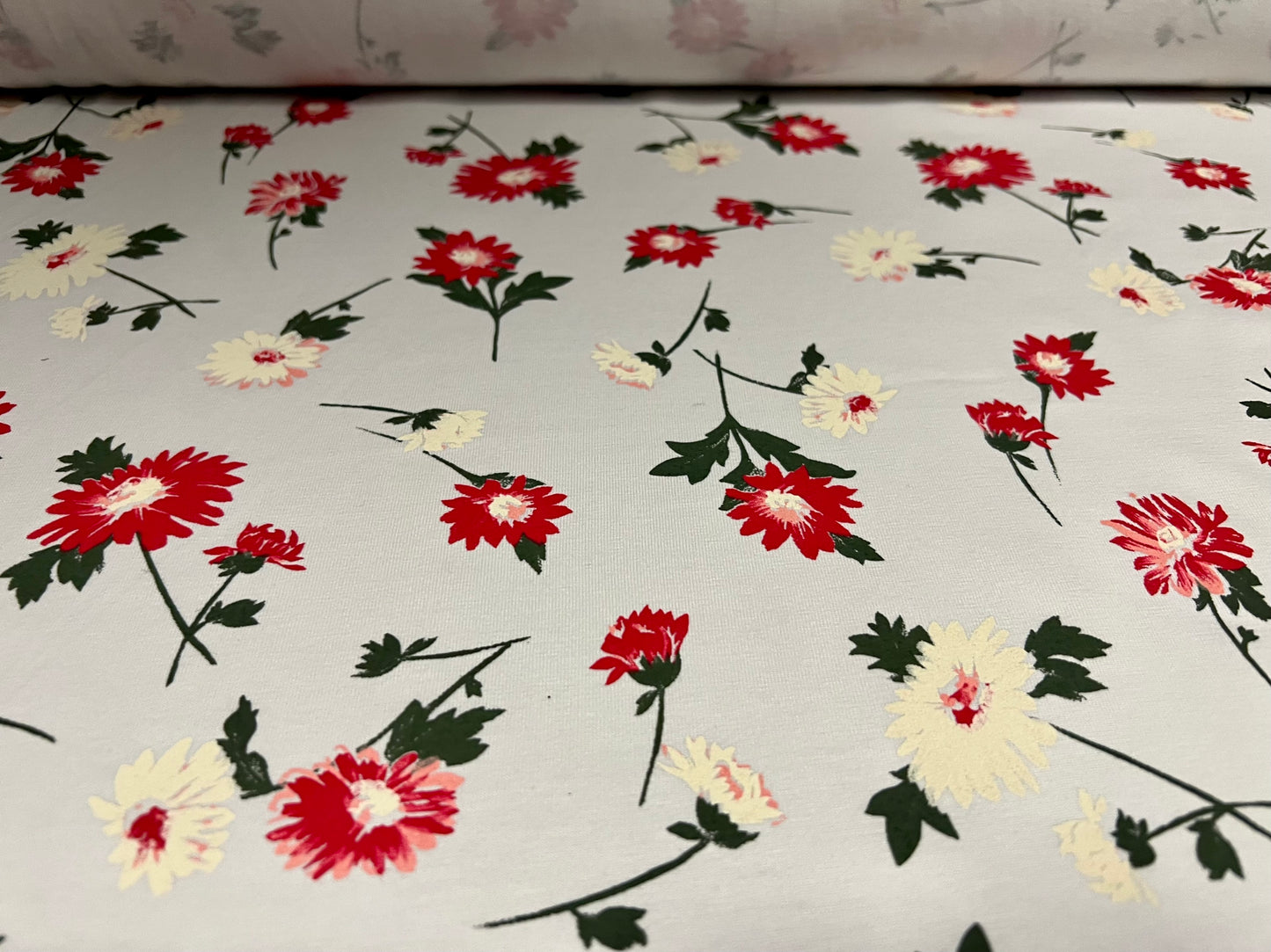 Cotton single jersey fabric, per metre - floral print - pale grey red & cream