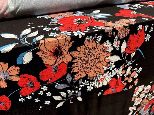 Soft handle single jersey fabric, per metre - floral panels print - black & red