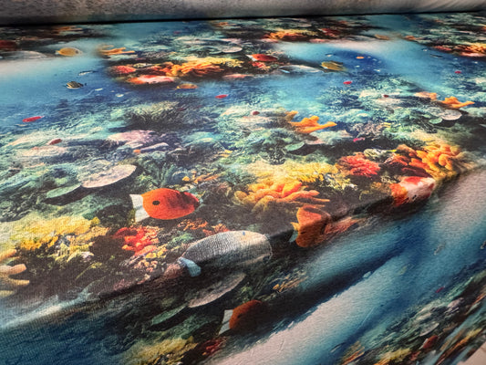 Thick & thin stretch spandex single jersey fashion fabric, per metre - coral reef print - multicolour