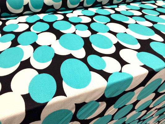 Stretch spandex crepe jersey fabric, per metre - retro circles print - turquoise black & white