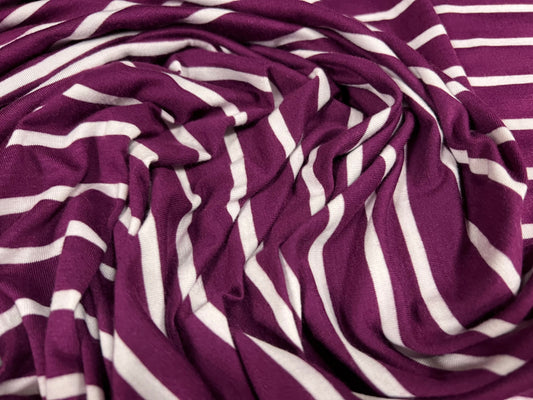 Viscose spandex stretch single jersey fabric, per metre - stripe - plum & white