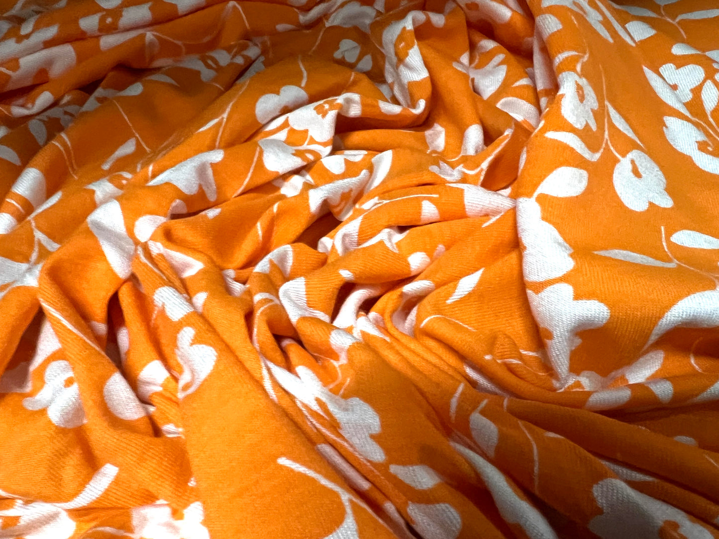 Viscose spandex stretch single jersey fabric, per metre - flower print - orange