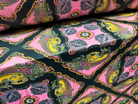 Stretch spandex single jersey fabric, per metre - designer paisley & chains print - pink black & gold