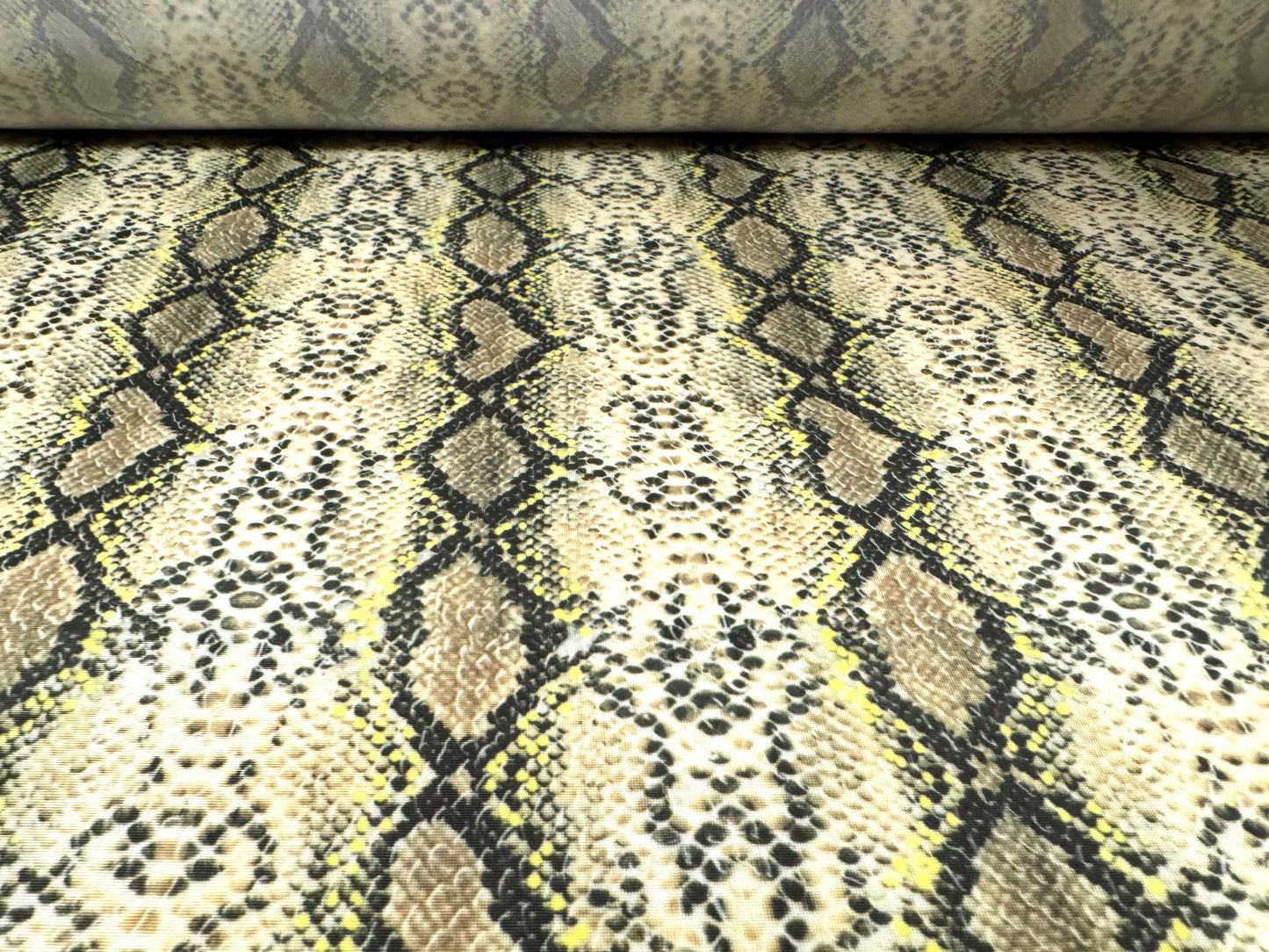Soft touch stretch spandex jersey fabric, per metre - Snakeskin print - khaki & cream